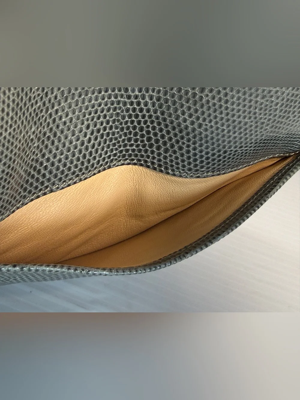 Chloé Gray Lizard-Embossed Leather Clutch with Gold Turnlock